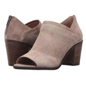 Lucky Brand Booties 9M Taupe Suede Leather Upper Open Toe Kalli Ankle Zip Back